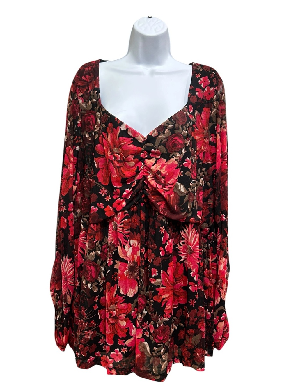 In Every Story Black Red Floral Mesh Ruched Sleeve Baby Doll Top  Plus Size 4X